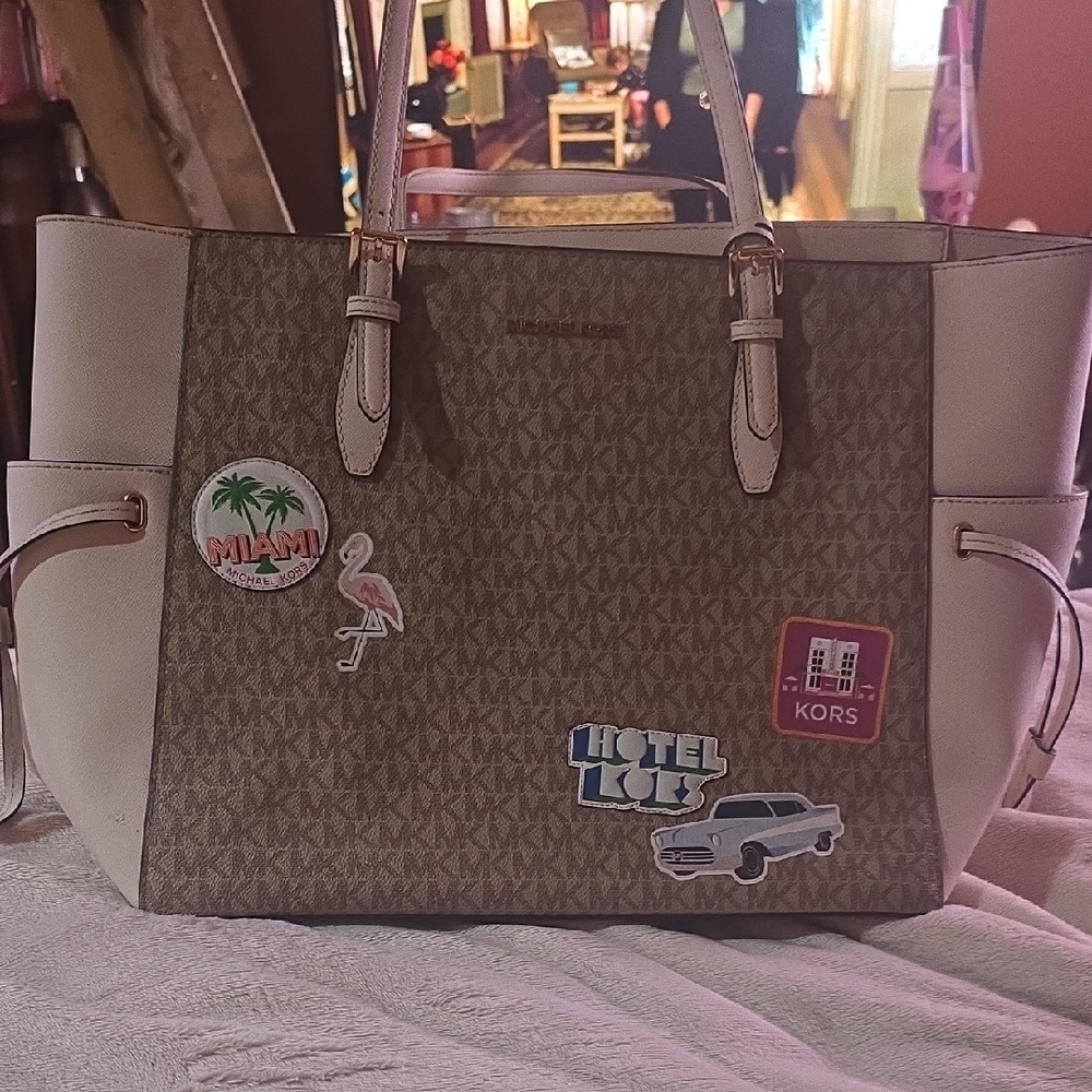 Michael Kors Tan and Cream Tote with Fun Patches